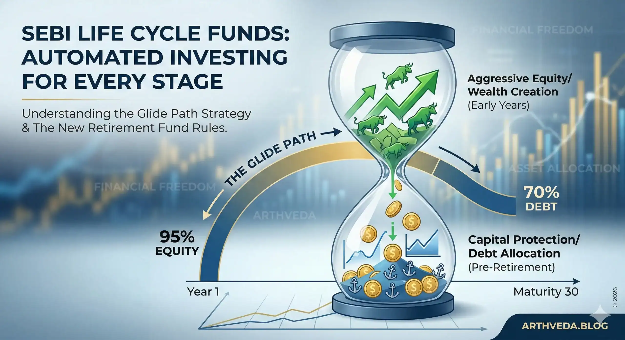Infographic explaining SEBI Life Cycle Mutual Funds showing the glide path strategy from 95% equity to 70% debt over a 30-year period.
