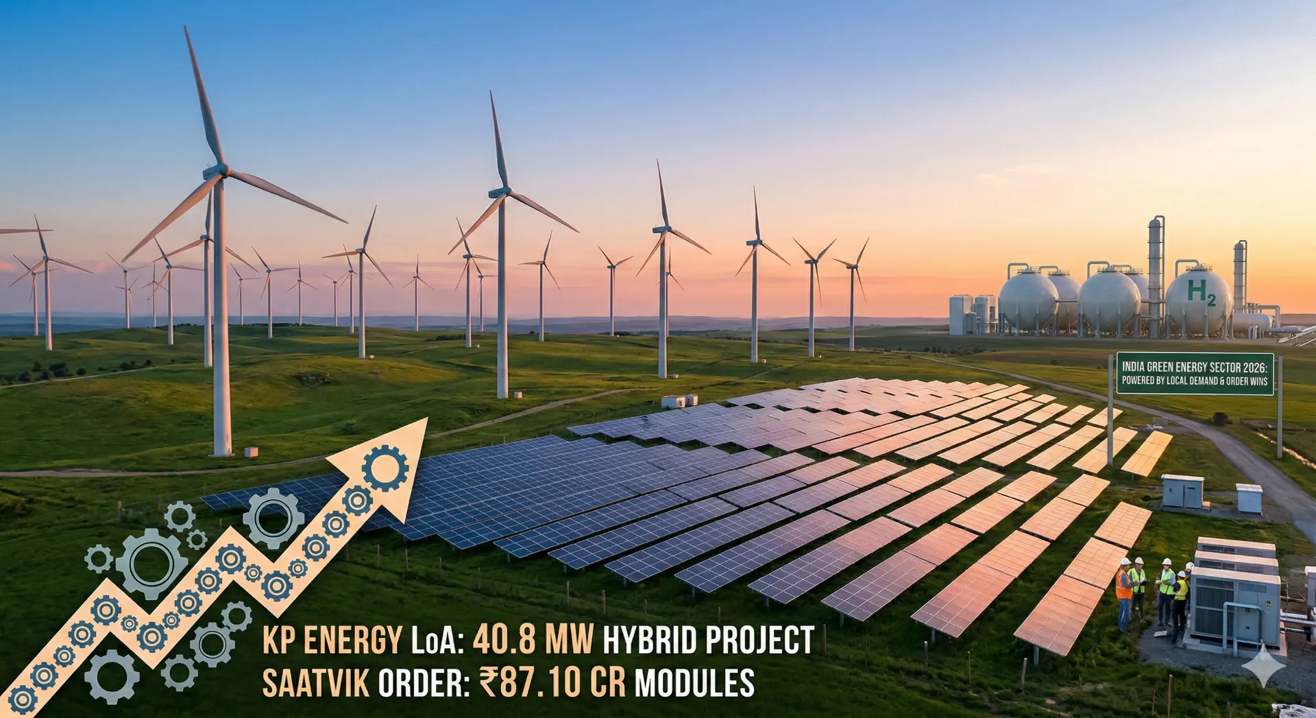 Dynamic image of a lush green landscape with wind turbines and solar panels under a clear sky, symbolizing India's strong green energy momentum in 2026.
