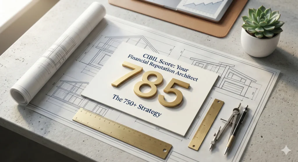 A prominent 3D gold 785 on a financial blueprint symbolizing a CIBIL Score 750 plus strategy