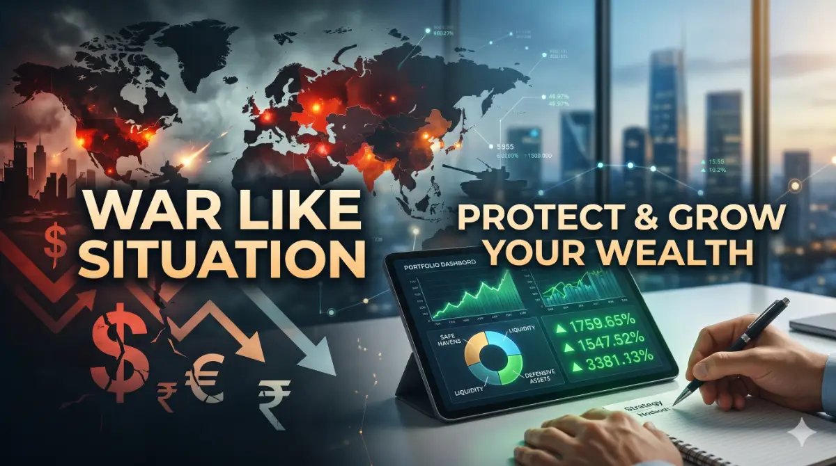 Professional financial advisor analyzing a stock portfolio on a tablet during a global war like situation with a world map showing geopolitical tension and financial growth charts.