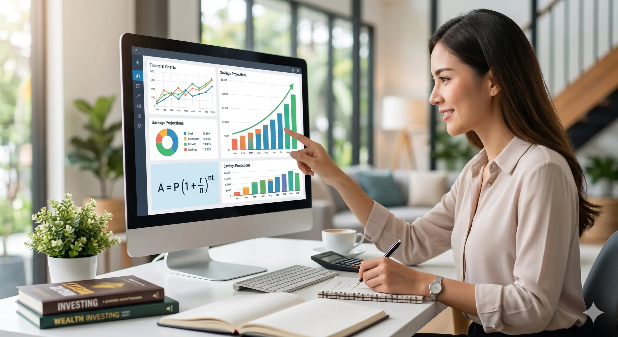 A professional woman analyzing financial charts and the compound interest formula on a desktop screen for mastering personal finance.