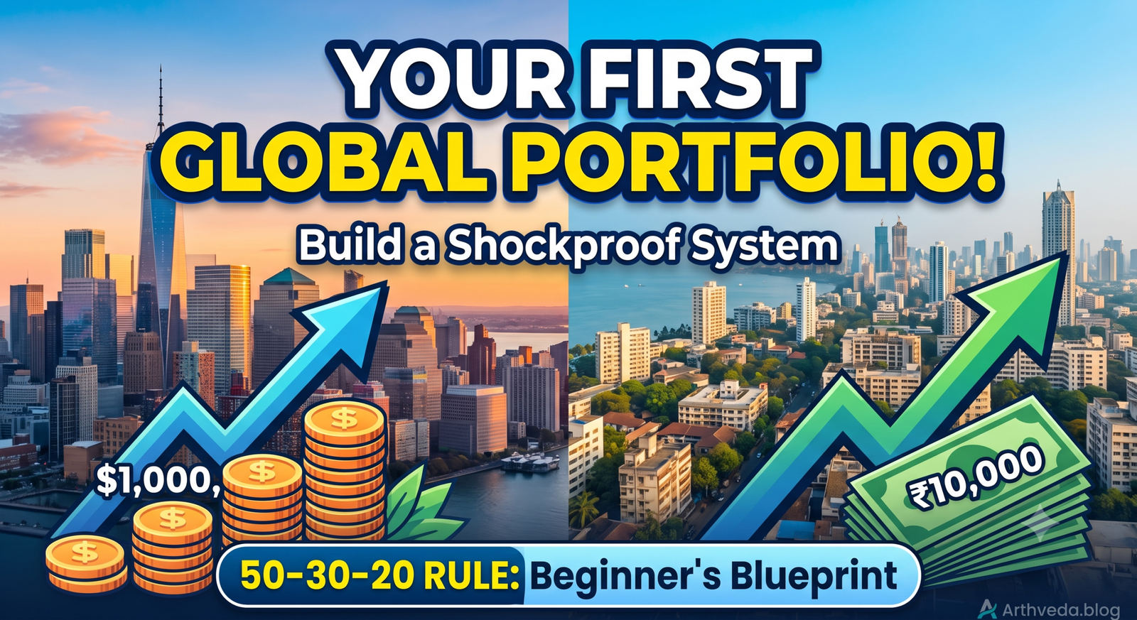 Global and Indian investment portfolio allocation blueprint for beginners showing 50-30-20 rule with dollar and rupee growth